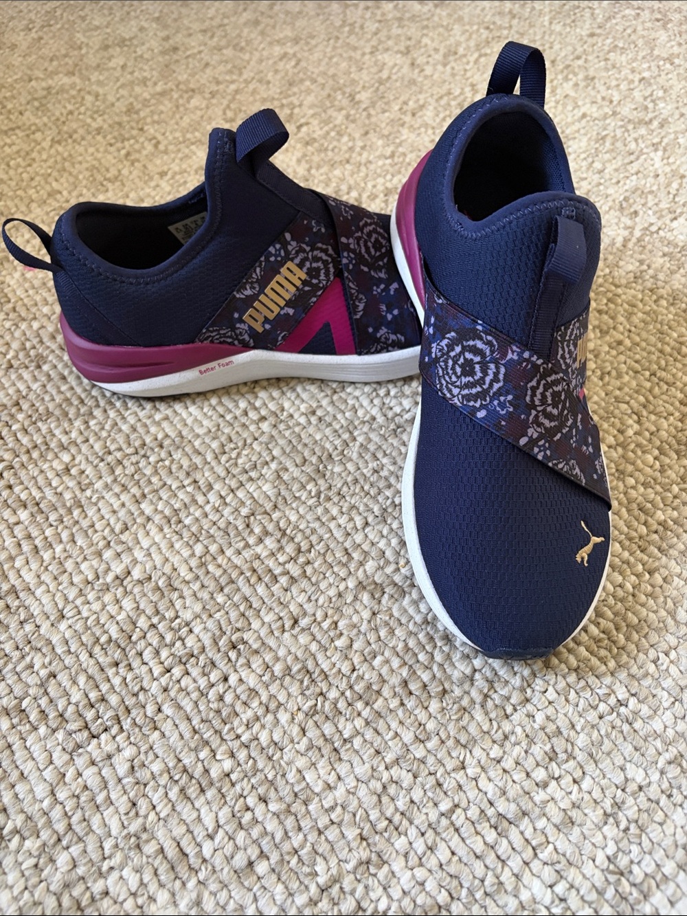 NIB! Puma Navy Floral-Accent Slip-On Sneakers with Pink NO TIE - Picture 6 of 14